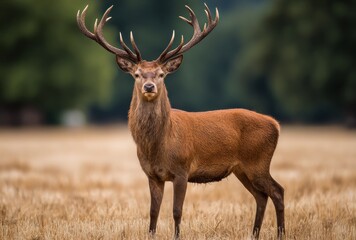 Majestic stag stands tall in a sun-drenched field, antlers proudly displayed against a backdrop of lush green trees