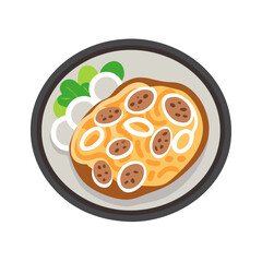 Illustration of sausage pasta with onions and green garnish