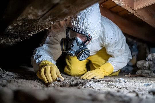 Inspector in protective suit examining crawl space. nvironmental testing and rmediation. Safety gear andmask for hazardous materia assessment. - Powered by Adobe