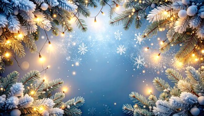 Enchanting Snowy Forest Scene with Sparkling Lights and Pine Branches