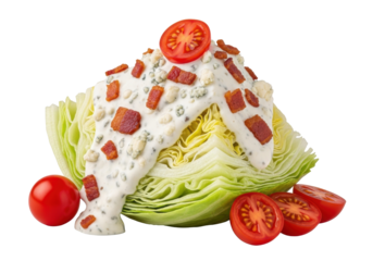 Meticulously prepared iceberg lettuce wedge with creamy blue cheese dressing, crispy bacon bits, and vibrant cherry tomatoes, isolated on transparent background. Appetizing steakhouse starter concept