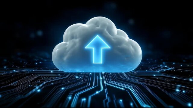 Futuristic cloud computing technology enabling big data upload to digital network, concept showcasing advanced information processing and secure server storage