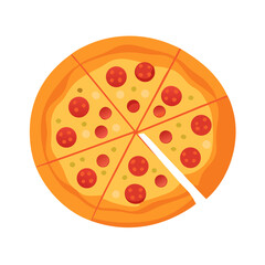 Flat design pepperoni pizza pie with one slice missing