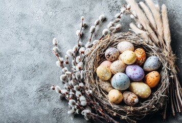Painted eggs rest in a bird's nest alongside fluffy pussy willows and feathery plumes, all on a textured gray backdrop with copy space