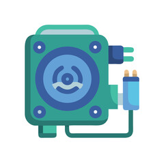 Stylized green retro speaker with blue circular design