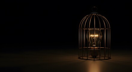 A glowing light bulb trapped inside a metal cage, symbolizing confinement and potential.