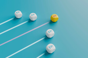 Rocket blocks racing on lanes with a yellow leader competition, first-mover advantage, market success.