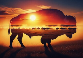 Double exposure of a bison silhouette with a herd on the prairie at sunset