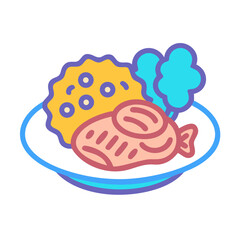 Illustration of fish with rice and vegetables on plate
