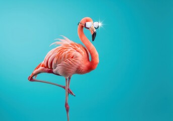 Fototapeta premium Cool flamingo wearing sparkling sunglasses on a turquoise background