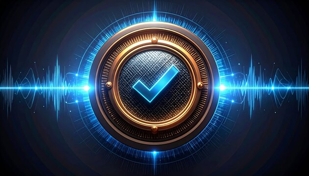 Soundwave confirmation icon with radiant checkmark, high tech sound visualization effect