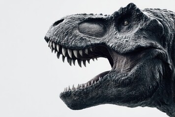 Side profile of a Tyrannosaurus Rex head, mouth open showing teeth, against a stark white background