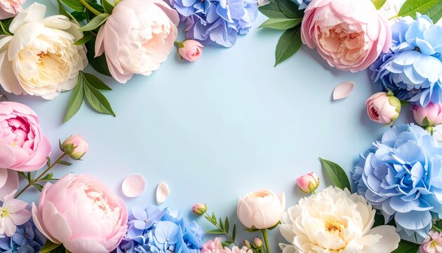 Elegant pastel floral frame on blue background for serene design projects