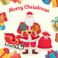 Merry Christmas greeting card Vibrant Santa Clauds red bag sleigh colorful gifts