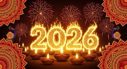 Happy Diwali and New Year 2026 card with fire numbers and fireworks