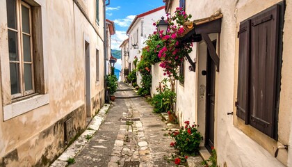 Naklejka premium Narrow alleyway through a picturesque village
