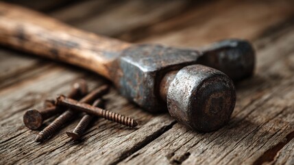 Old rusty hammer and various screws on a weathered wooden background