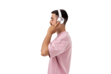 Man enjoys music with stylish headphones, isolated, PNG
