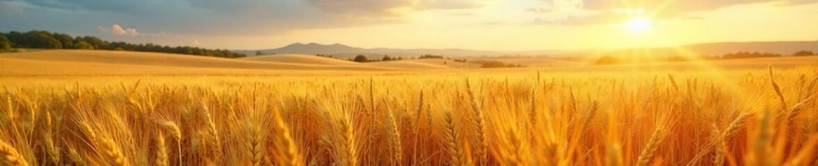 Obraz premium Golden wheat field shimmering under a summer sun, ripe for harvest Rolling hills create a picturesque landscape of abundant agriculture , outdoors, sun