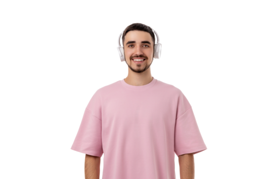 Young man listens to music using modern headphones, isolated, PNG