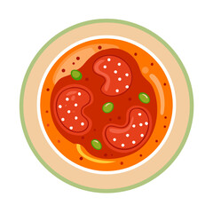 Stylized Pepperoni Pizza Overhead View on Plate Illustration
