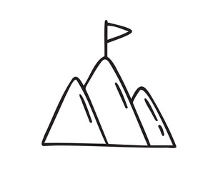 Flag on top of mountain, mission concept doodle hand drawn icon. Outline drawing flag on top of mountain line clipart symbol