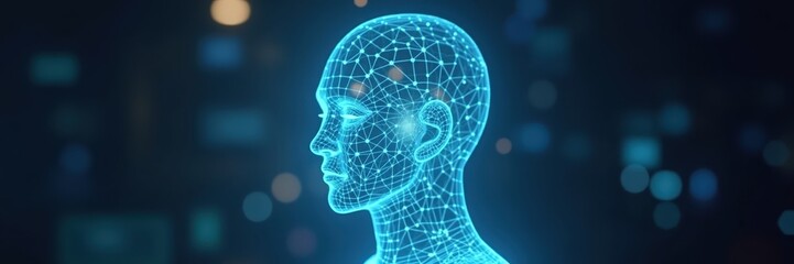Obraz premium A profile view of a digital human head, highlighted in glowing blue lines, set against a dark background with soft focus.