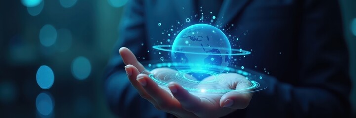 A person holds a holographic representation of the Earth, showcasing futuristic technology and digital connectivity.