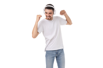 Man dances joyfully with headphones on, isolated, PNG