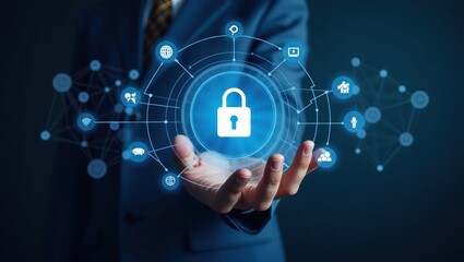 A hand holds a digital padlock, surrounded by a network of connected icons, symbolizing data protection and cybersecurity.