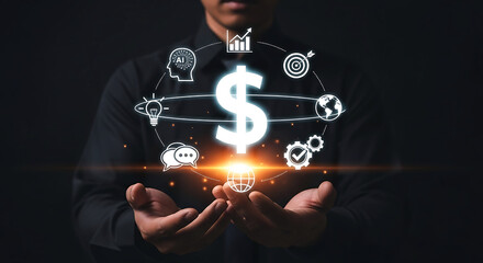 Hands holding glowing dollar sign amidst digital network and business icons representing financial growth and success concept