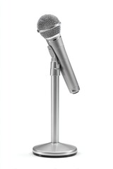Obraz premium Silver microphone stands alone, angled, with a round head and sleek body, isolated on pure white backdrop, simple lighting and minimal shadows