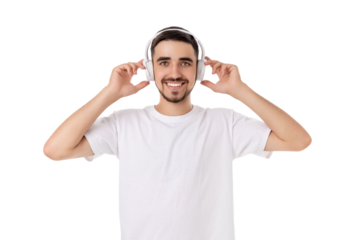 Man joyfully interacts with headphones, isolated, PNG