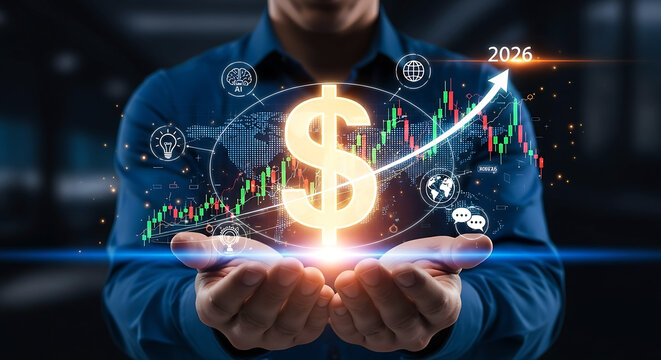 Hands hold glowing dollar sign with business analytics graph and data overlay symbolizing financial growth and success