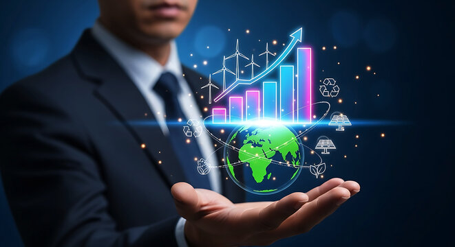 Businessman presenting global financial growth chart with digital earth overlay futuristic business concept