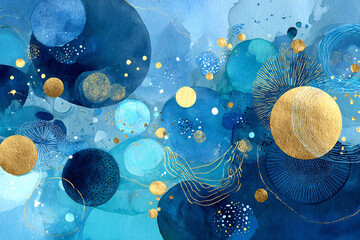 抽象的な水彩画、青と金色の円、エレガントな背景