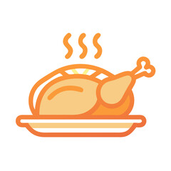 Roasted chicken on plate with smoke in flat style