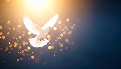 Symbol of peace and hope, a dove flying in divine light against a dark backdrop
