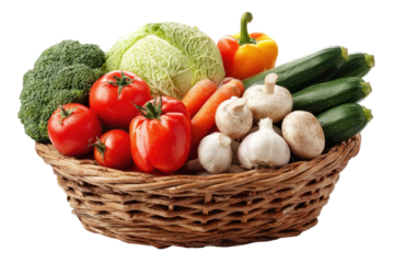A wicker basket overflowing with assorted fresh vegetables