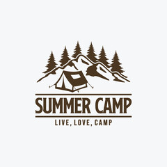 Fototapeta premium Camping Logo Design Tent and Pine Trees Outdoor Adventure Illustration