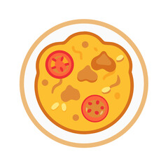 Cartoon flat lay illustration of soup on white plate