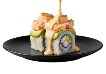 Single Volcano Roll, California base, warm baked scallops & crab oozing, on black plate, transparent background, close-up, sharp focus, soft warm lighting, concept of gourmet asian food