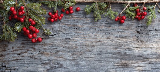 Rustic wooden planks topped with evergreen branches and red berries for a festive holiday border or background