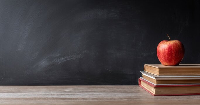 Still life with a red apple perched atop a stack of books, set against a dark, textured chalkboard on a light brown wooden surface - Powered by Adobe