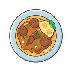 Cartoon style bowl of food with eggs and meatballs