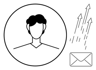 Male avatar in a circle with envelope and upward arrows representing progress, communication, or personal growth. Ideal for contact, messaging apps, email services, customer support, HR, career