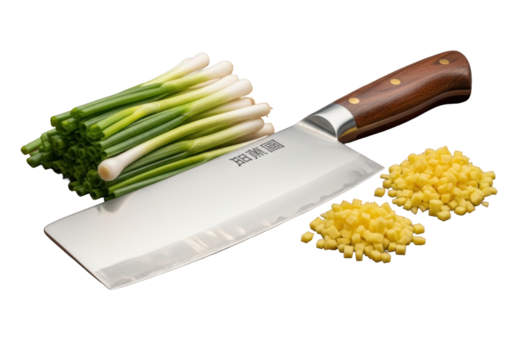Traditional Chinese cleaver, chopped green scallions & diced ginger on dark hardwood block against soft gray studio background, eye-level close-up, soft studio lighting, culinary preparation concept