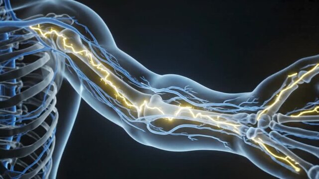 Blue translucent arm of a person with highlighted yellow nerves and bones. Suitable for medical, anatomical, scientific, or educational concepts.