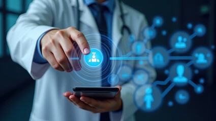 A medical professional interacts with a digital interface showcasing a network of user profiles.