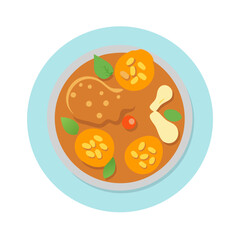 Illustration of chicken and pumpkins in a bowl on plate